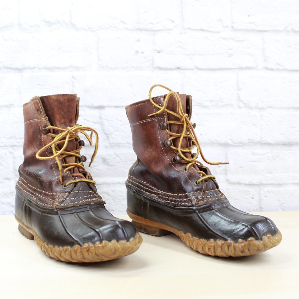 Vintage LL Bean Unlined Brown Leather Lace-up Duck Ankle Boots Size 6 M - Picture 3 of 9